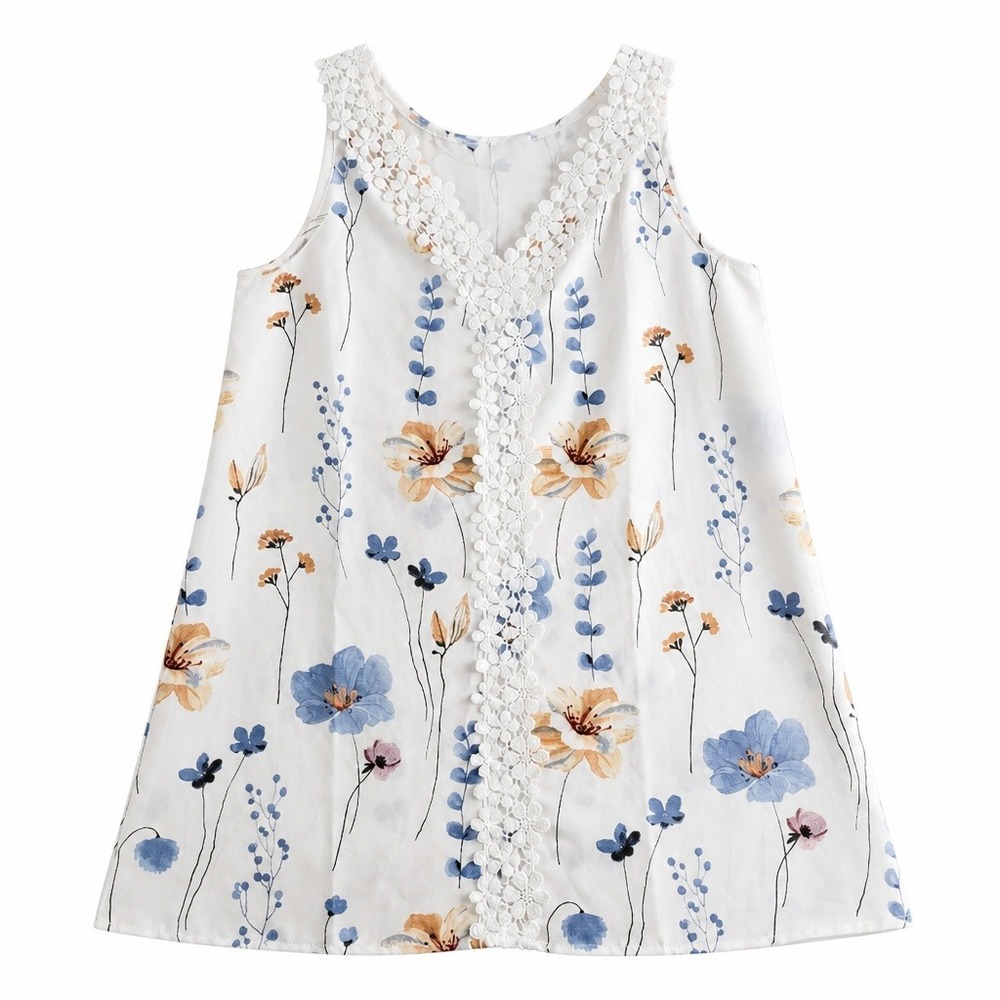 Floral Crochet Lace Trim Sleeveless Tunic Top White Blue Peach L
